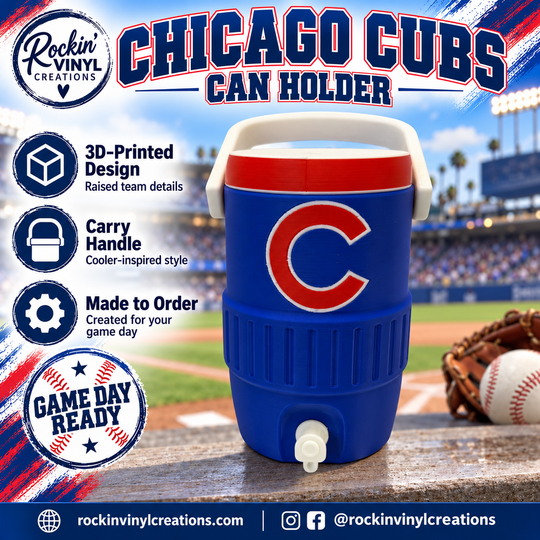 Chicago Cubs 3D printed can holder with a baseball field background and product features