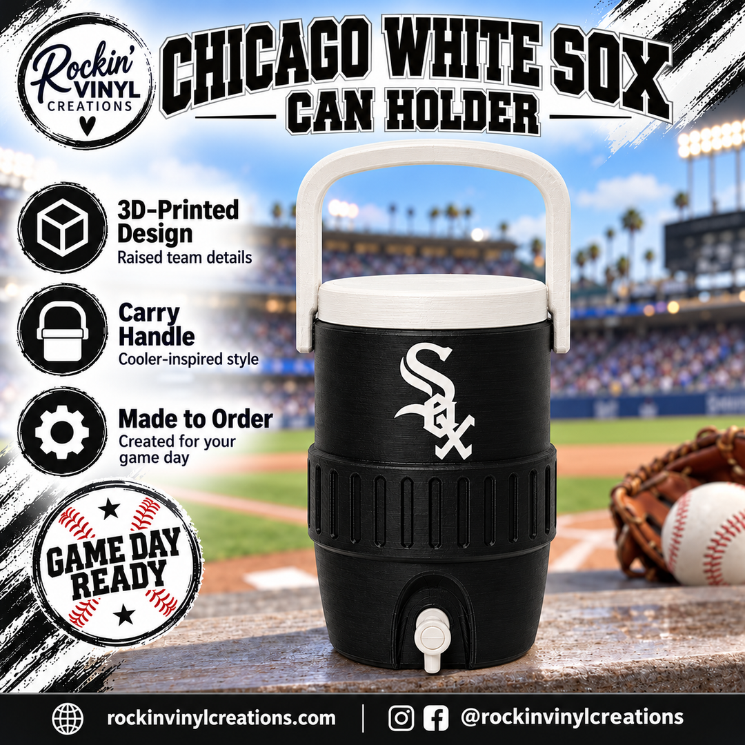 Chicago White Sox 3D printed can holder with a baseball field background and product features