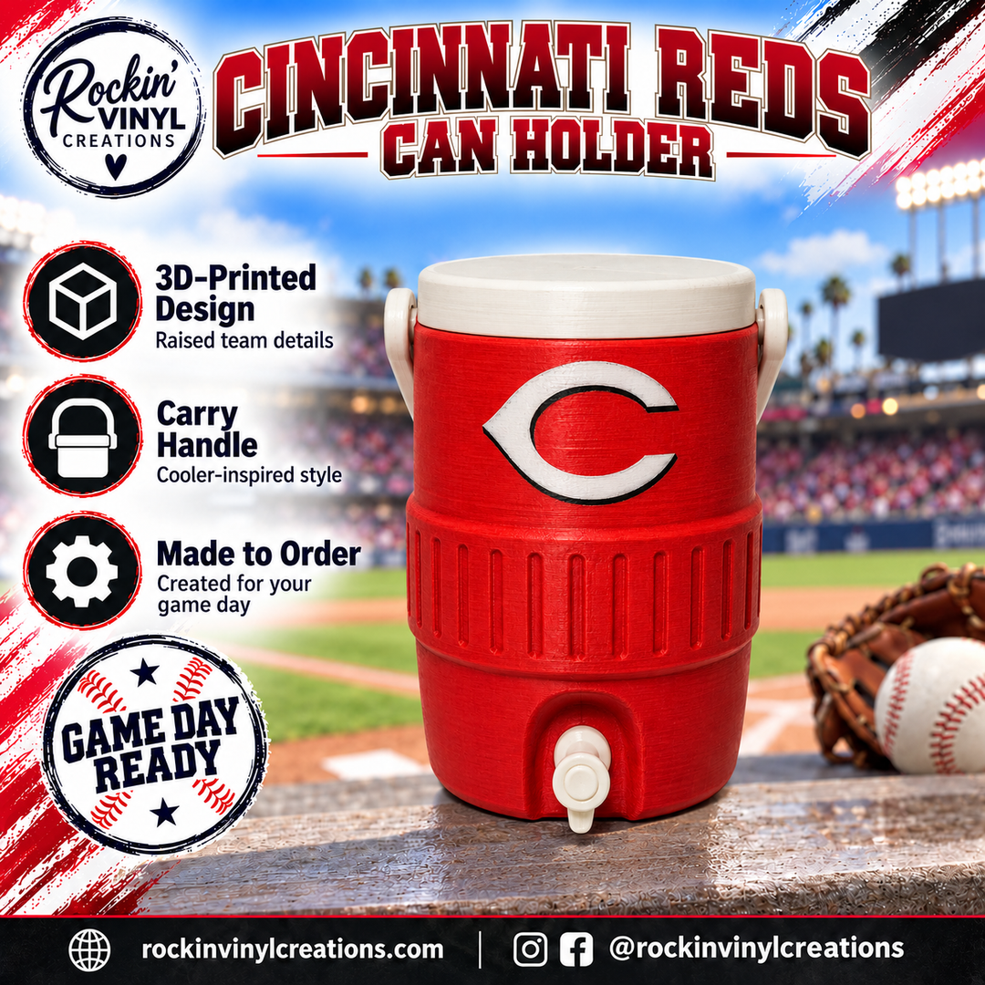 Cincinnati Reds 3D printed can holder with a baseball field background and product features