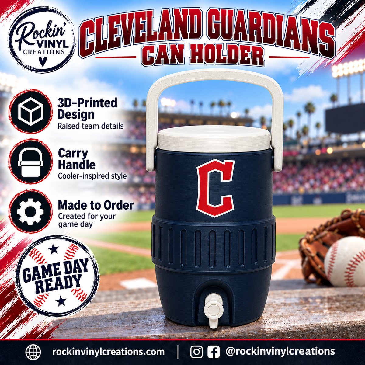 Cleveland Guardians 3D printed can holder with a baseball field background and product features