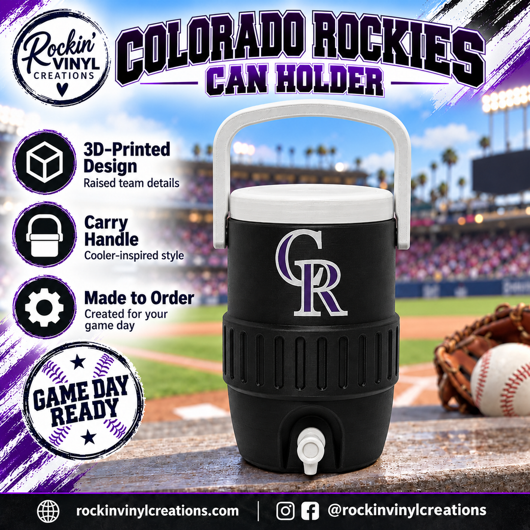 Colorado Rockies 3D printed can holder with a baseball field background and product features