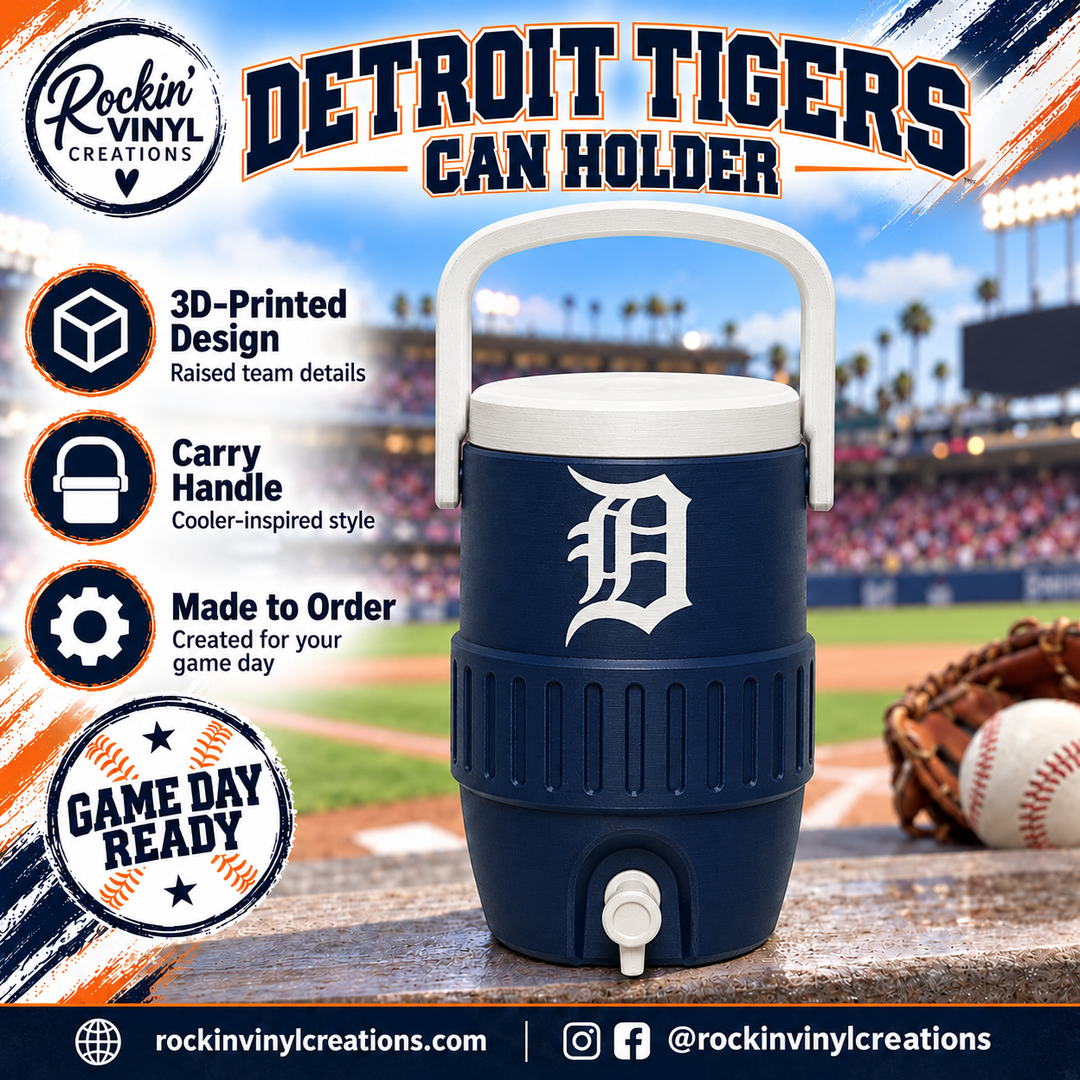 Detroit Tigers 3D printed can holder with a baseball field background and product features