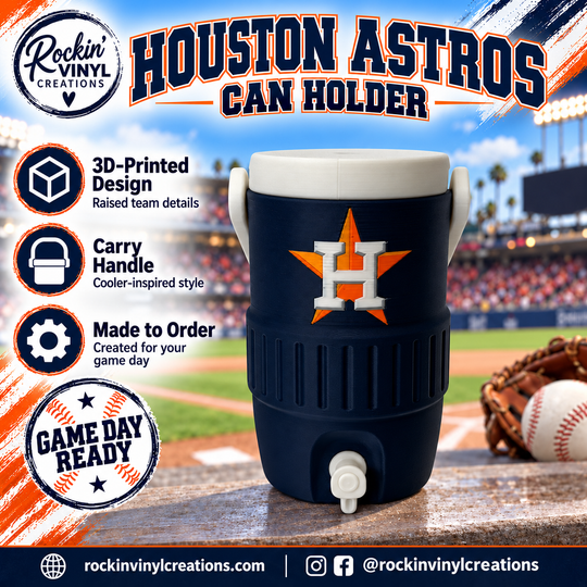 Houston Astros 3D printed can holder with a baseball field background and product features
