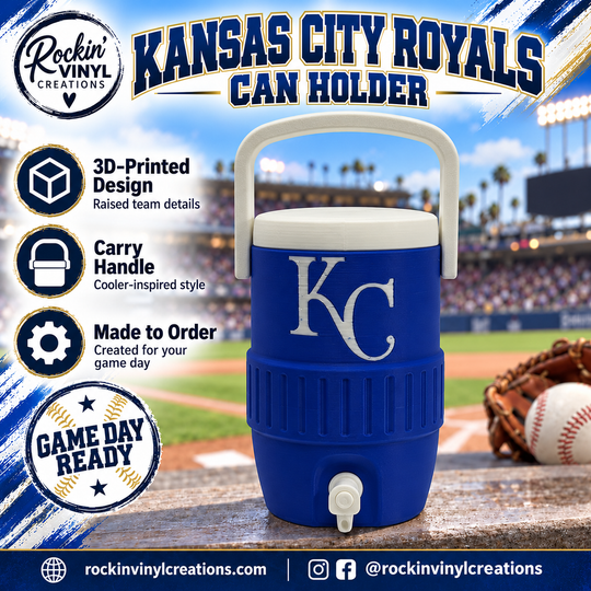 Kansas City Royals 3D printed can holder with a baseball field background and product features