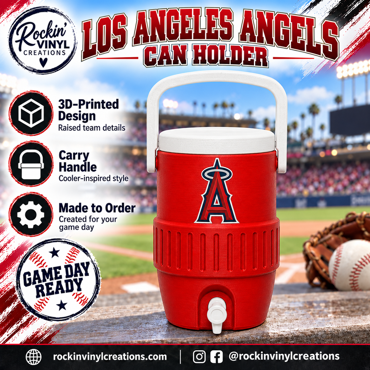 Los Angeles Angels 3D printed can holder with a baseball field background and product features