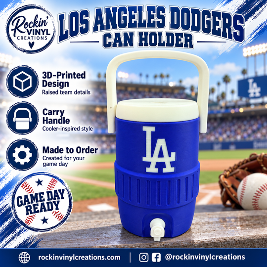 Los Angeles Dodgers 3D printed can holder with a baseball field background and product features