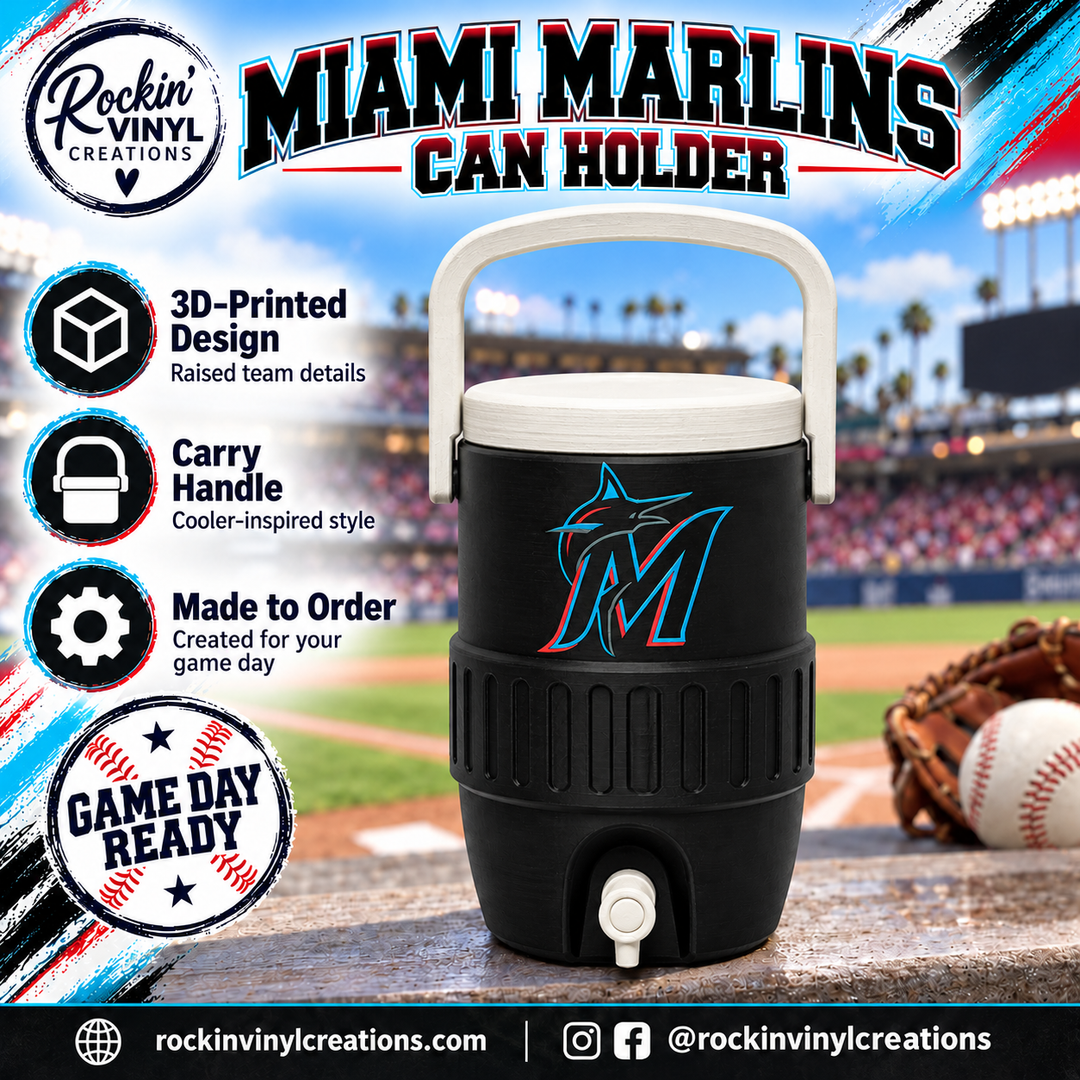 Miami Marlins 3D printed can holder with a baseball field background and product features