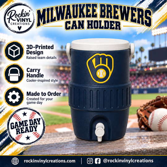 Milwaukee Brewers 3D printed can holder with a baseball field background and product features