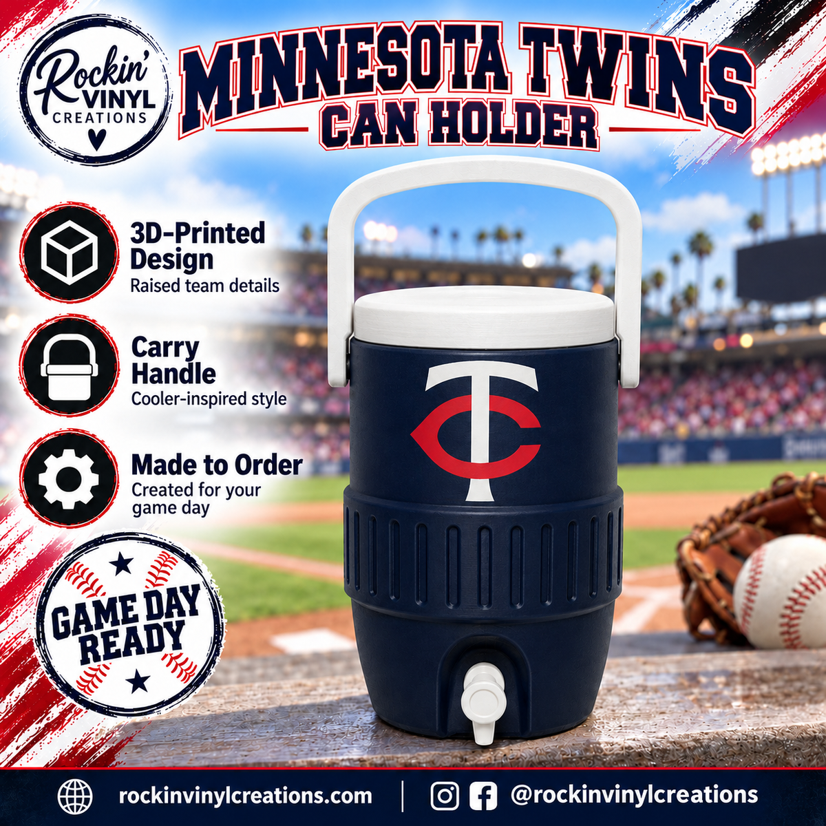 Minnesota Twins 3D printed can holder with a baseball field background and product features