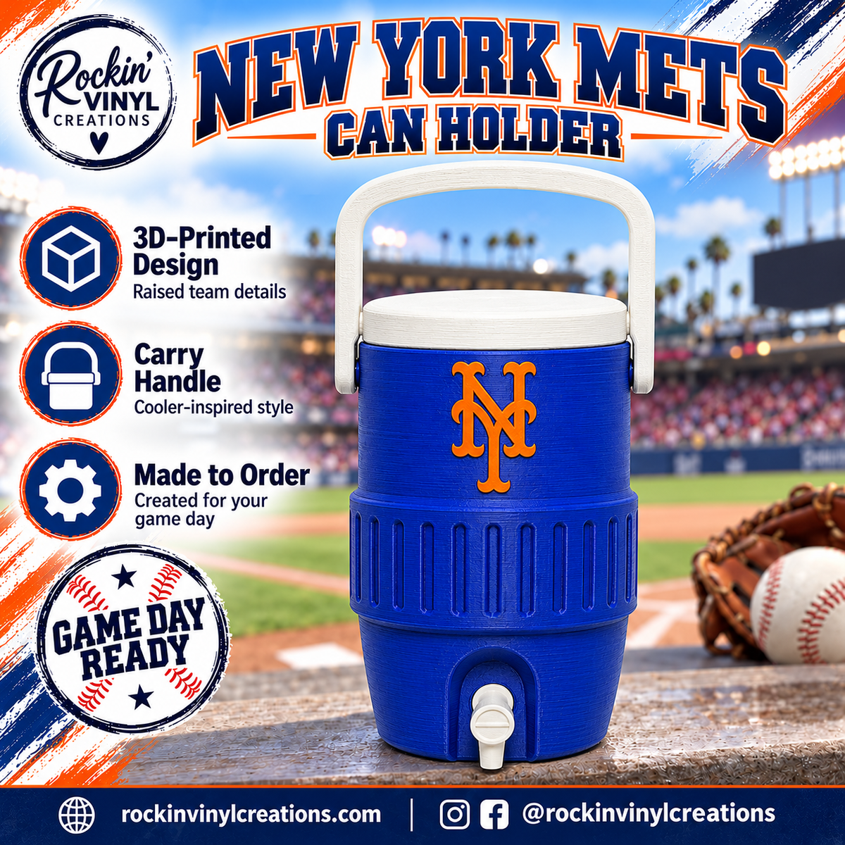 New York Mets 3D printed can holder with a baseball field background and product features
