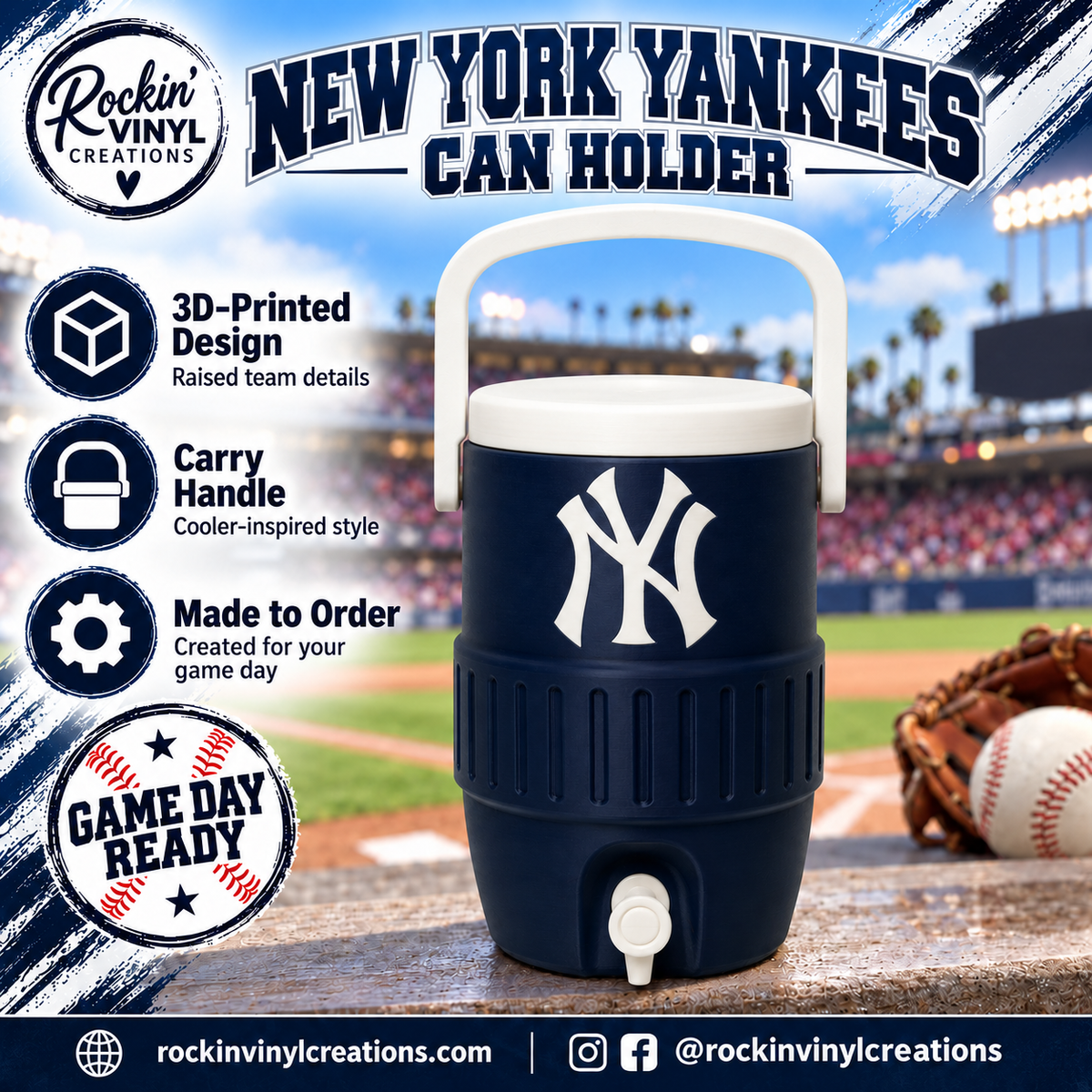New York Yankees 3D printed can holder with a baseball field background and product features