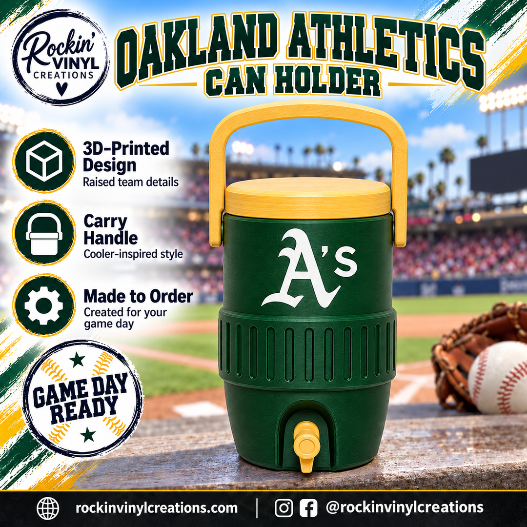 Oakland Athletics 3D printed can holder with a baseball field background and product features