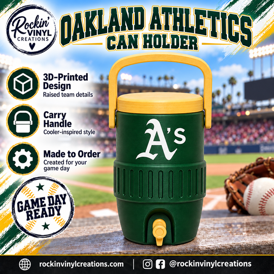 Oakland Athletics 3D printed can holder with a baseball field background and product features