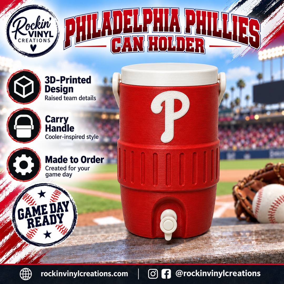 Philadelphia Phillies 3D printed can holder with a baseball field background and product features