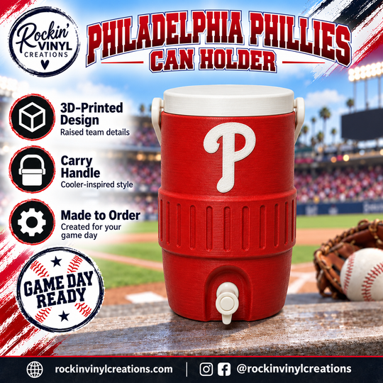 Philadelphia Phillies 3D printed can holder with a baseball field background and product features