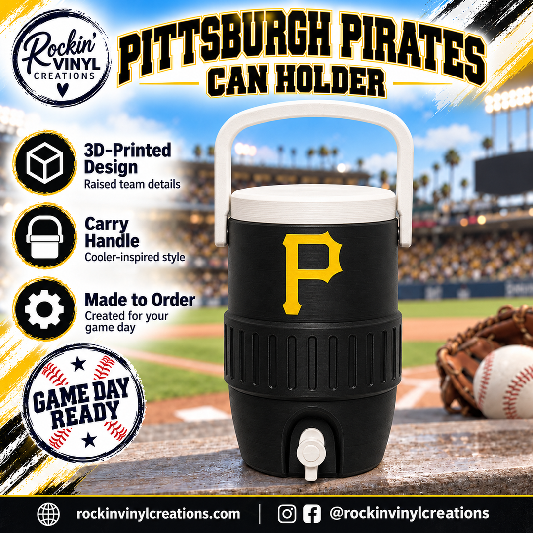 Pittsburgh Pirates 3D printed can holder with a baseball field background and product features