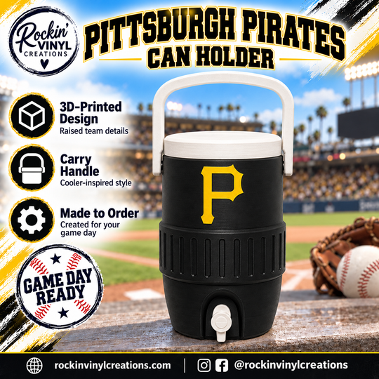Pittsburgh Pirates 3D printed can holder with a baseball field background and product features