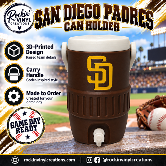 San Diego Padres 3D printed can holder with a baseball field background and product features