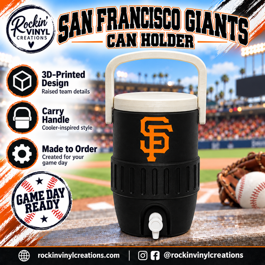 San Francisco Giants 3D printed can holder with a baseball field background and product features