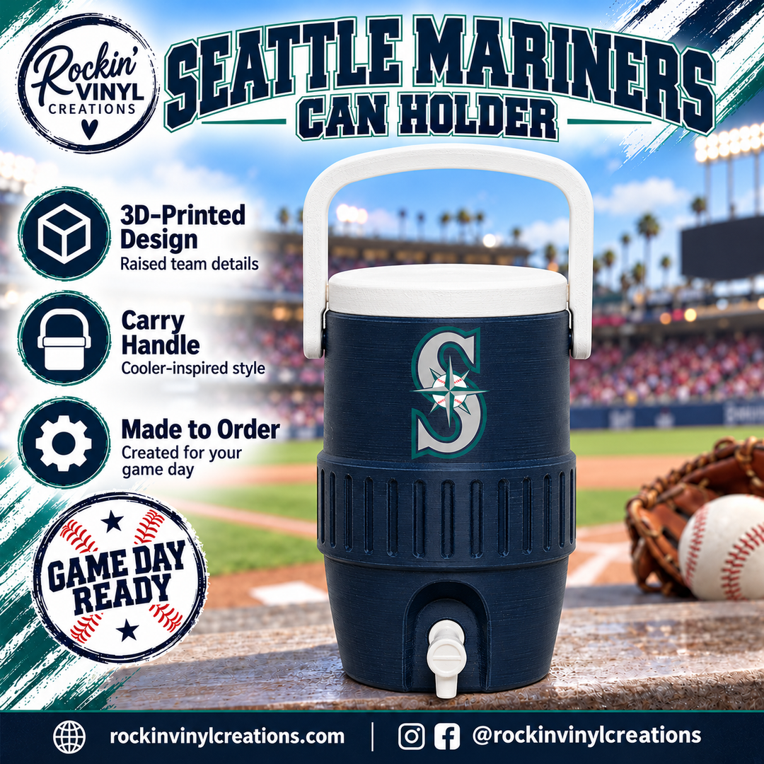 Seattle Mariners 3D printed can holder with a baseball field background and product features