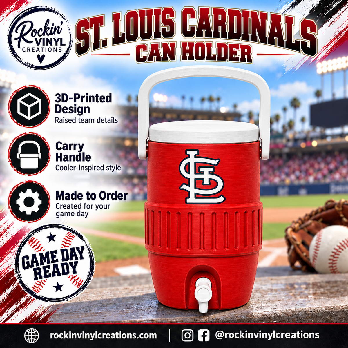 St. Louis Cardinals 3D printed can holder with a baseball field background and product features