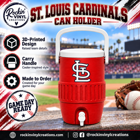 St. Louis Cardinals 3D printed can holder with a baseball field background and product features