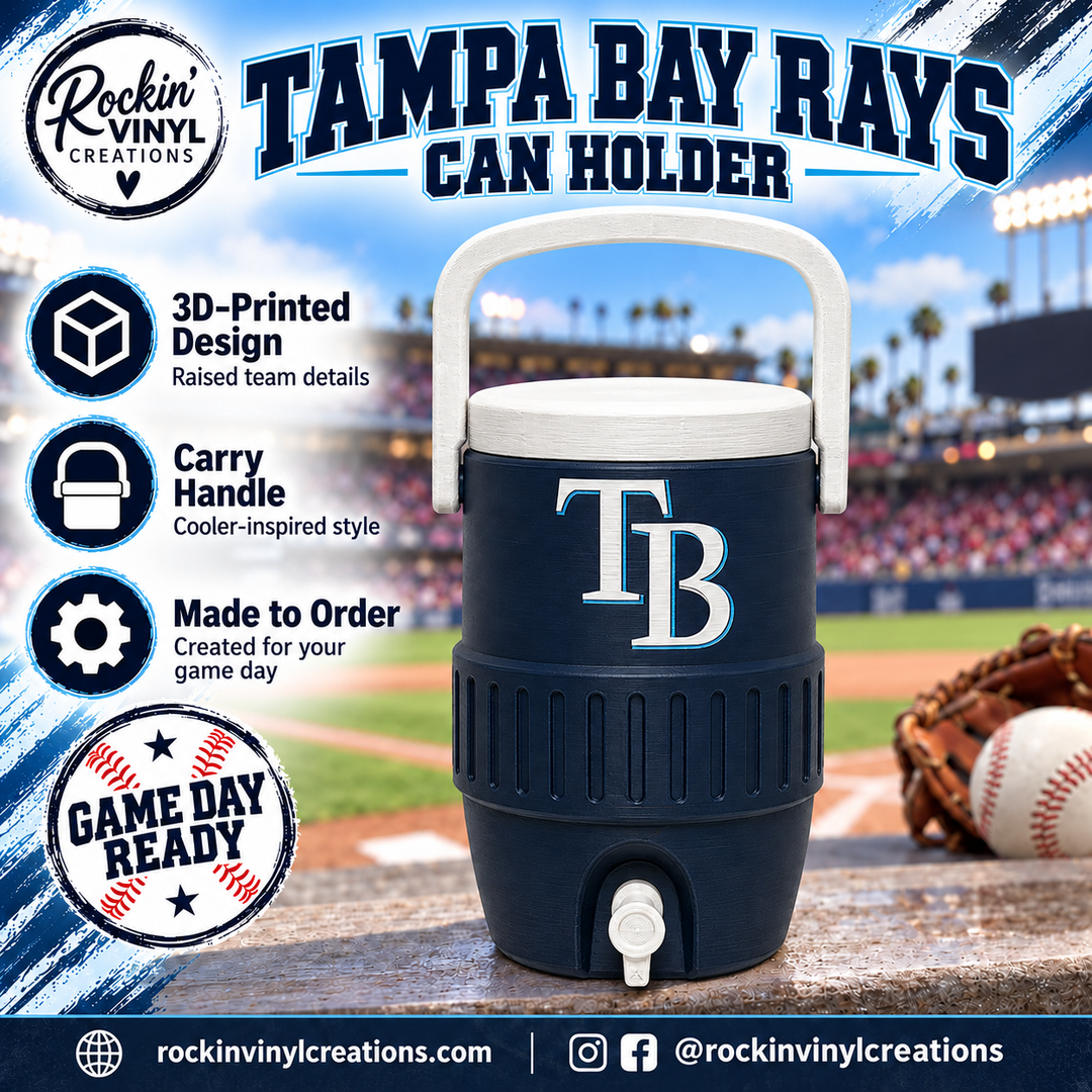 Tampa Bay Rays 3D printed can holder with a baseball field background and product features