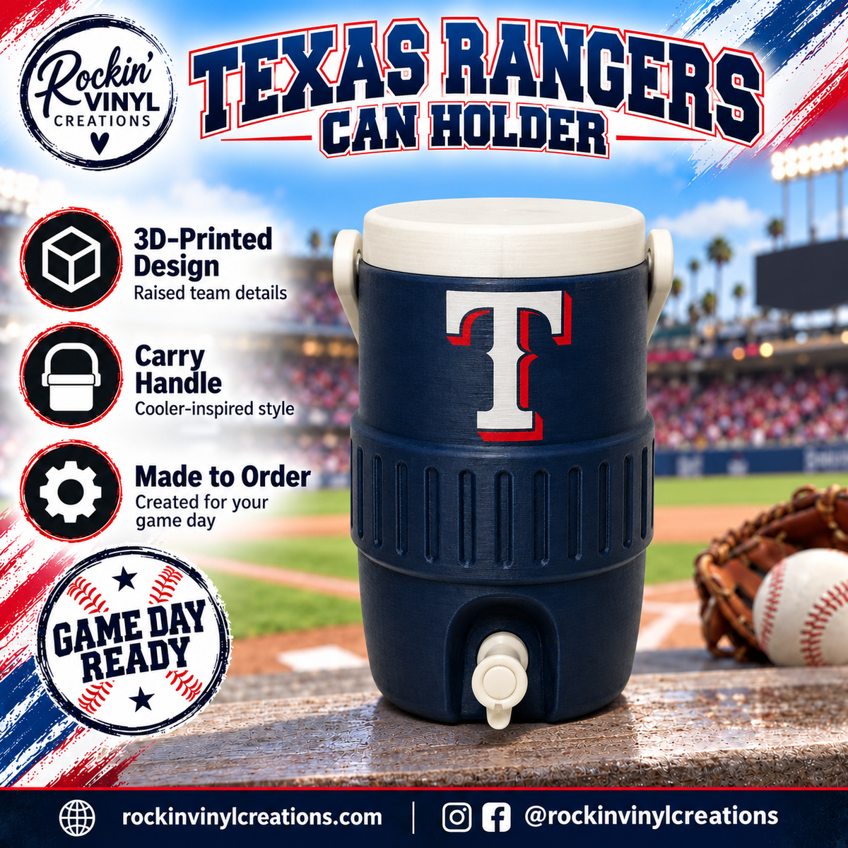 Texas Rangers 3D printed can holder with a baseball field background and product features