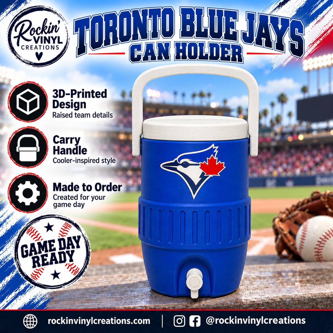Toronto Blue Jays 3D printed can holder with a baseball field background and product features