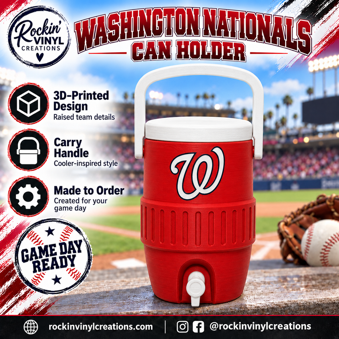 Washington Nationals 3D printed can holder with a baseball field background and product features