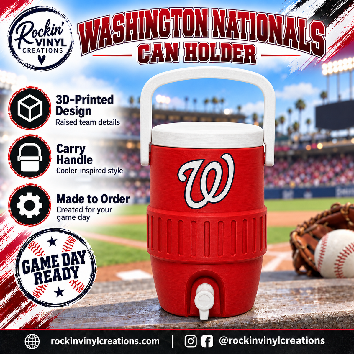 Washington Nationals 3D printed can holder with a baseball field background and product features