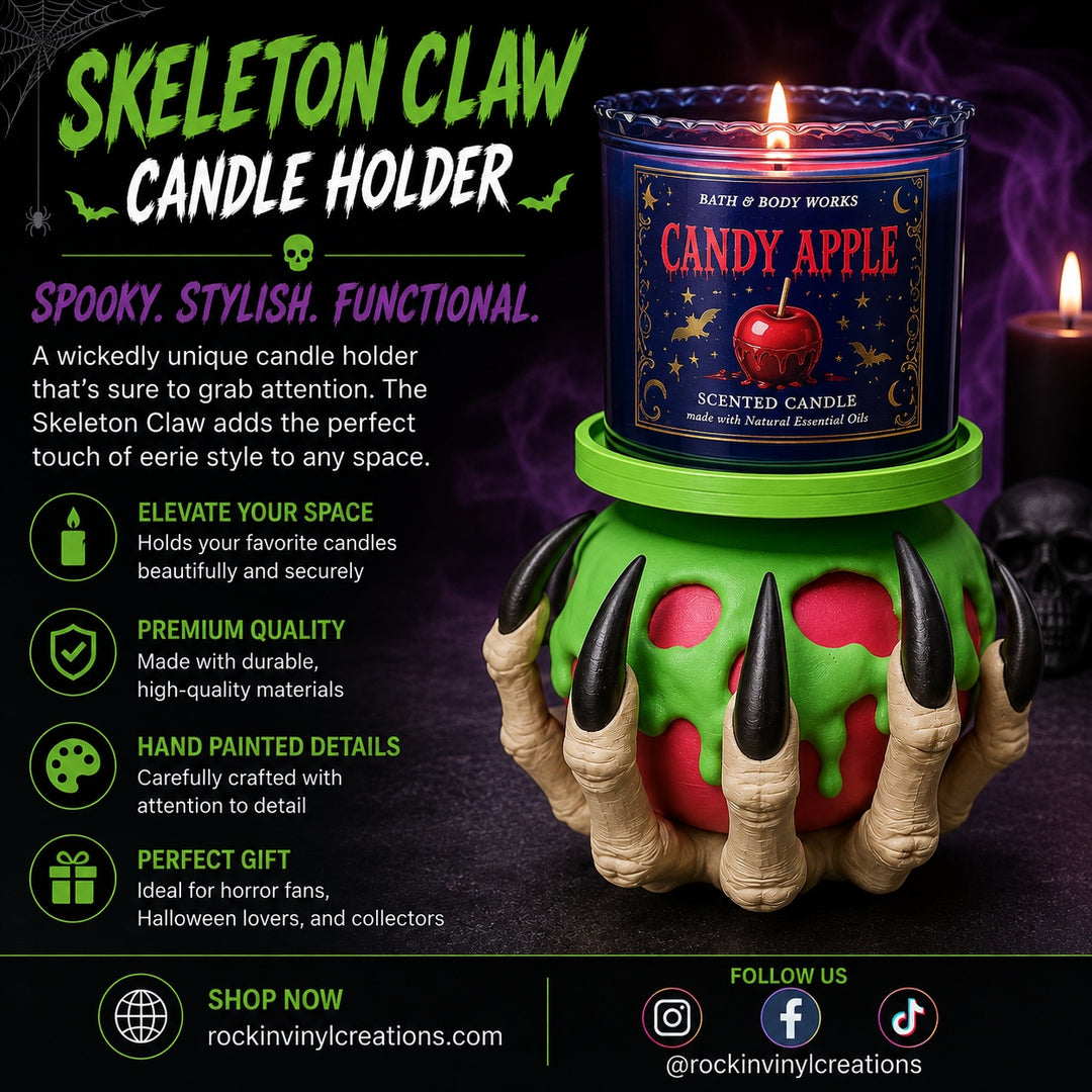 Skeleton Claw candle holder with green candy apple jar candle