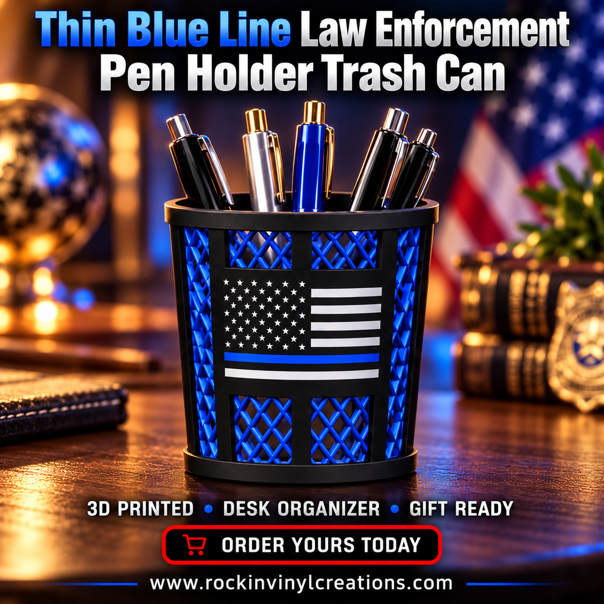 Thin Blue Line Law Enforcement Pen Holder Trash Can