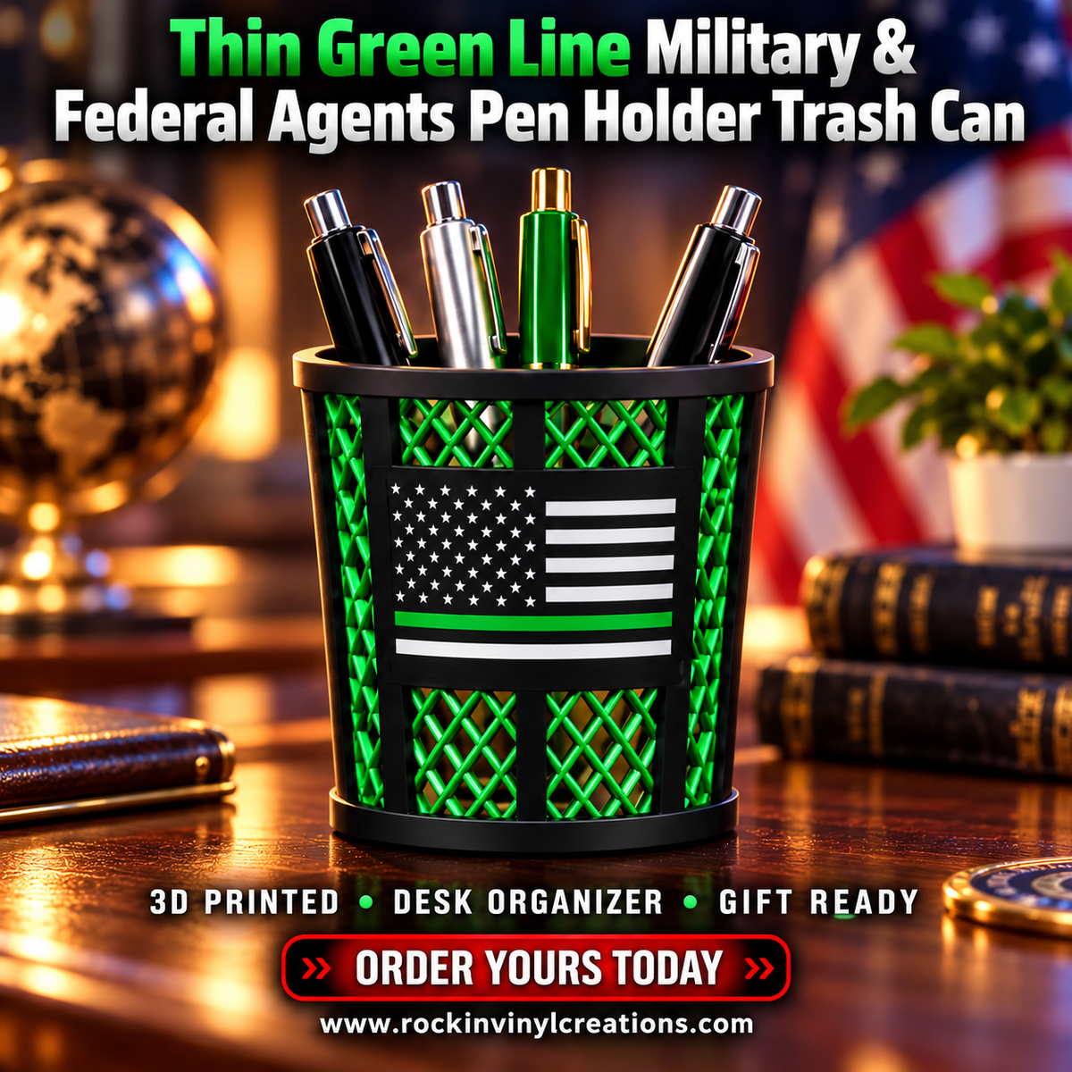 Thin Green Line Military & Federal Agents Pen Holder Trash Can