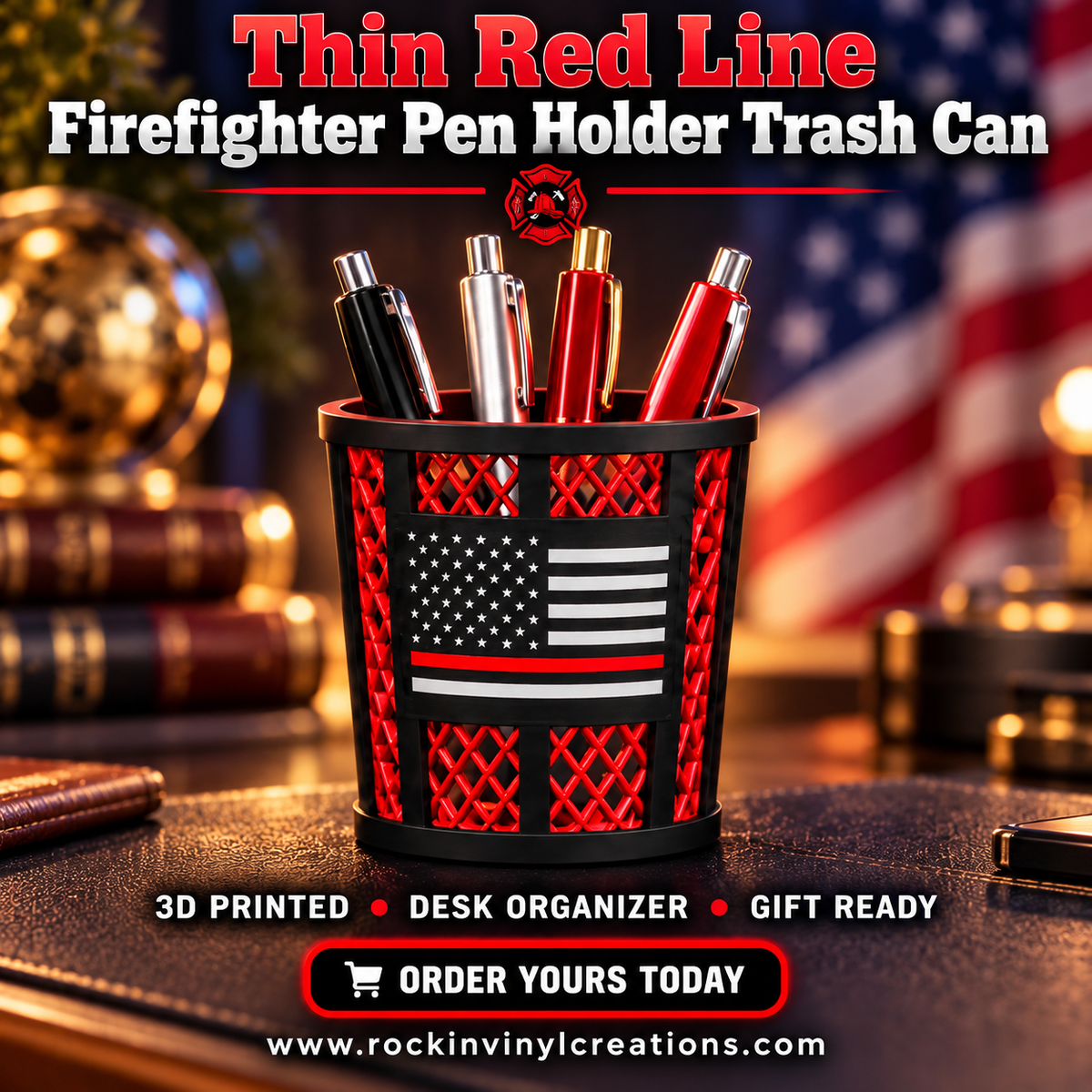 Thin Red Line Firefighter Pen Holder Trash Can