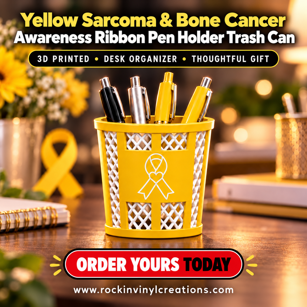 Yellow Sarcoma and Bone Cancer Awareness Ribbon Pen Holder Trash Can